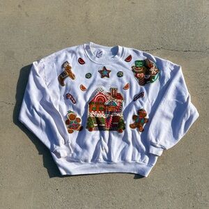 Vintage 90s Made USA Jerzees Christmas Pullover White Sweatshirt 2XL Gingerbread